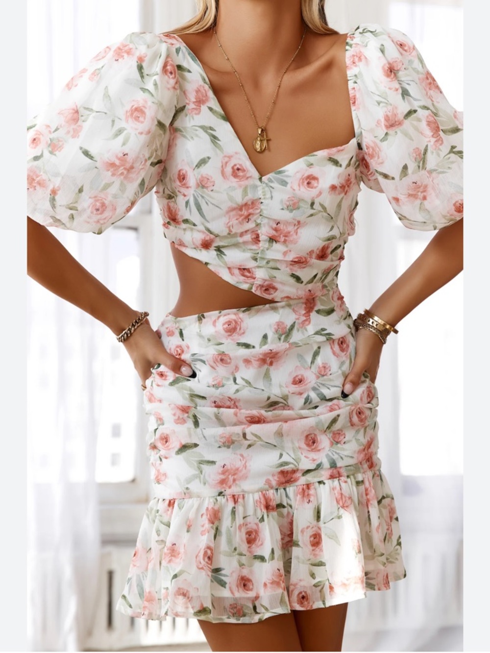 Hello Molly Floral Pink Puff Sleeve Mini Dress